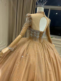 Chic nude color long sleeves high collar rhinestones crystals pearls beaded ball gown,nude champagne tulle Muslim wedding dresses 2024