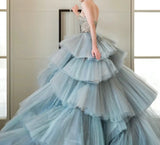 Chic crystals rhinestones beaded layered princess fairytale prom dress ,ice blue puffy prom dress 2024