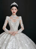 Vintage long sleeves high collar lace appliqués crystals pearls beaded ball gown Muslim wedding dresses 2024