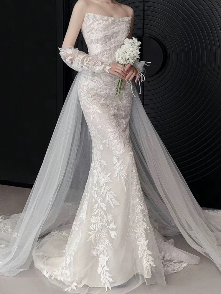 appliques mermaid wedding dress Chic lace appliqués mermaid wedding dress with crystals pearls beaded, –  Anna's Couture Dresses