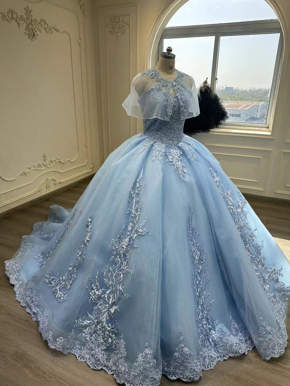 Fairytale sky blue lace appliqués crystals rhinestones beaded princess quinceanera prom dress ,blue lace puffy prom dress 2024