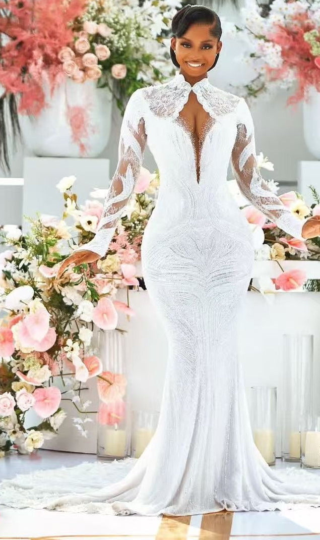 Custom made high collar long sleeves mermaid wedding dress fully beade Anna's Couture Dresses Custom made high collar long sleeves mermaid wedding dress fully beade Anna's Couture Dresses