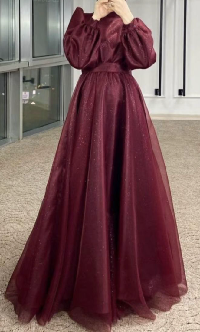 Shiny sparkling tea length burgundy emerald green beige black navy long  sleeves a line tulle prom maxi dress muslim fashion 2024