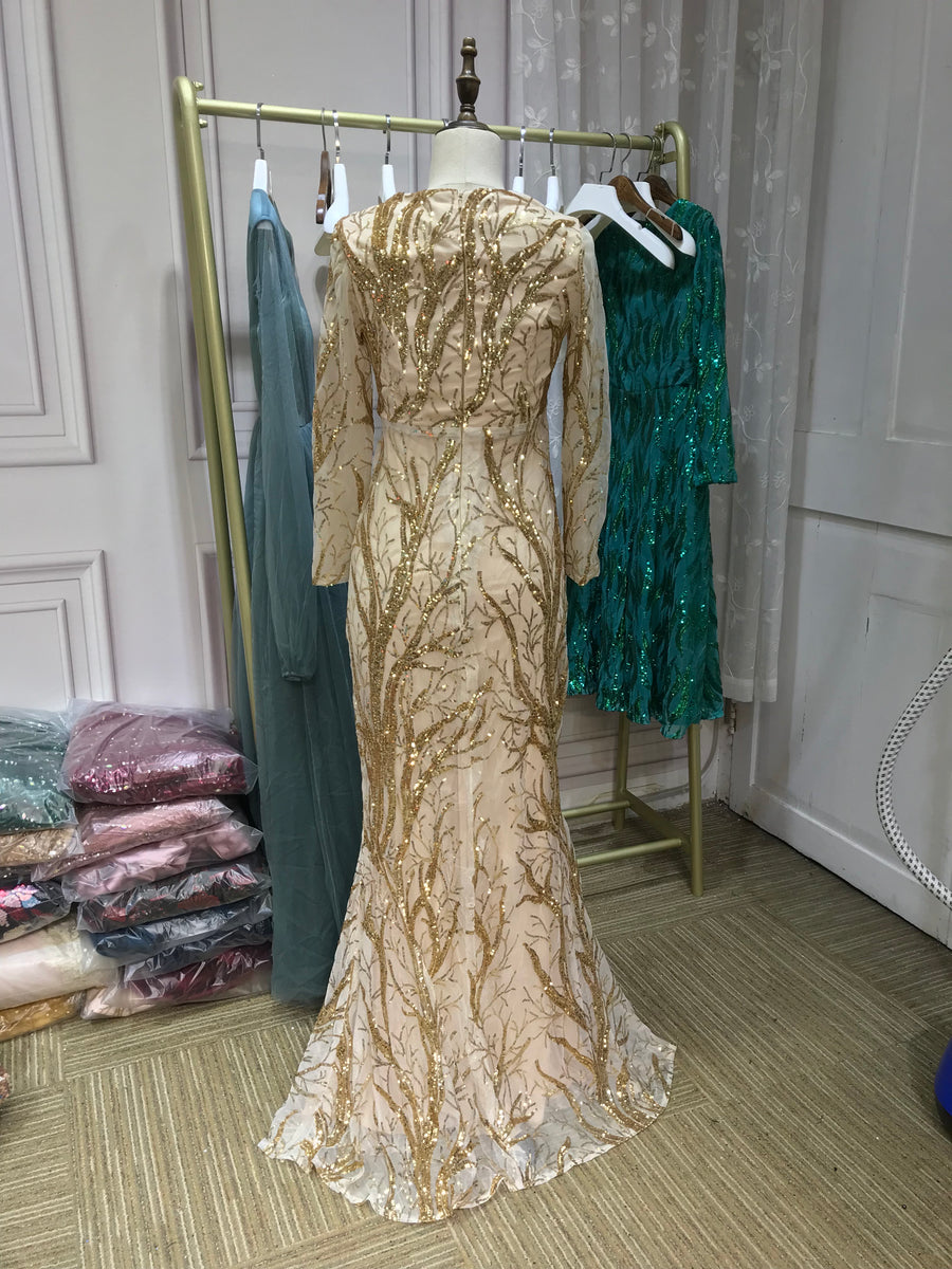 Gold sequins V neck long sleeves full length mermaid fit and flare for –  Anna's Couture Dresses