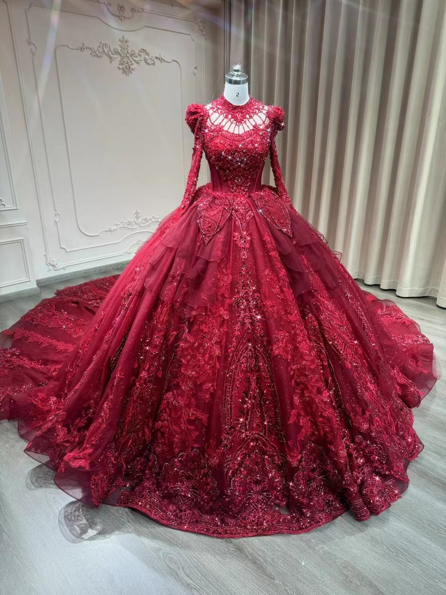 Luxury handmade crystals rhinestones pearls beaded long sleeve dark red  lace appliqués vintage style wedding ball gown prom quinceanera dresses 2024