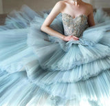 Chic crystals rhinestones beaded layered princess fairytale prom dress ,ice blue puffy prom dress 2024