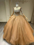 Chic nude color long sleeves high collar rhinestones crystals pearls beaded ball gown,nude champagne tulle Muslim wedding dresses 2024