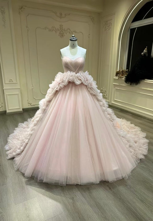 Fairytale puffy skirt rose pink princess prom dress ,rose pink floral gorgeous prom dress 2024