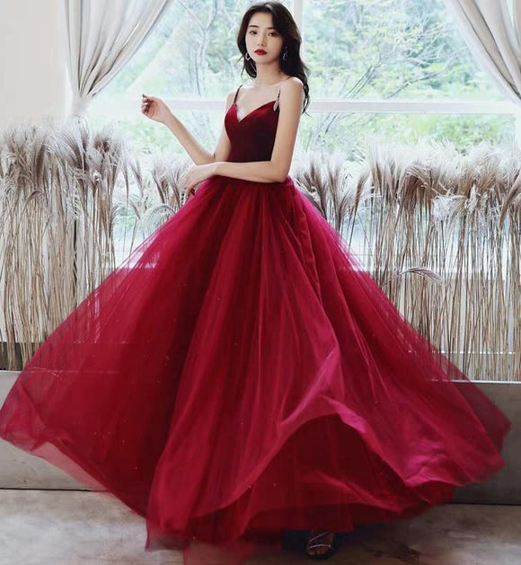 burgundy red tulle puffy prom dress