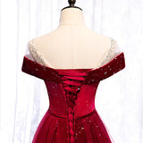 Off shoulder shiny stars burgundy red velvet corset top puffy tulle formal prom dress 2021