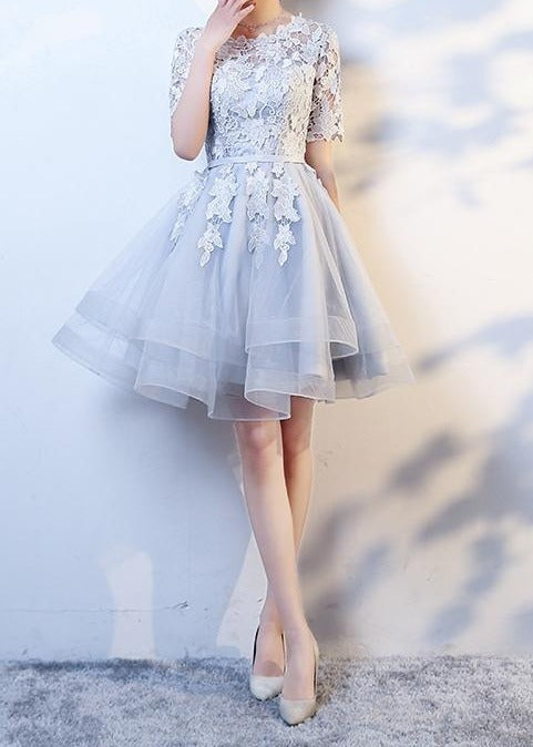 Smoke gray lace appliques knee length formal prom dress – Anna's Couture Dresses