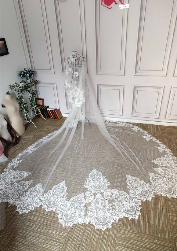 Cathedral length long lace appliques chic wedding veil - Anna's Couture Dresses