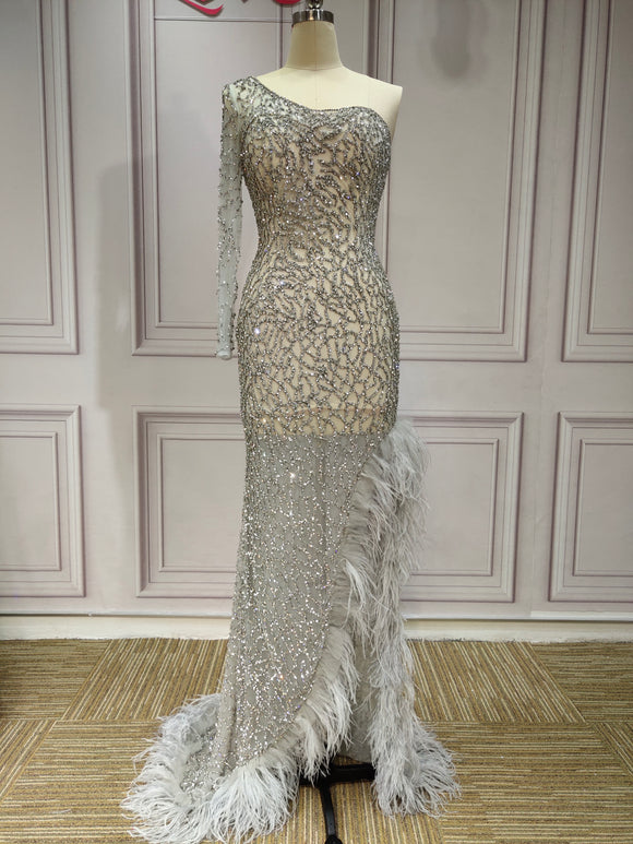 One shoulder sliver crystals rhinestones beaded mermaid slit sexy gray feather prom dresses - Anna's Couture Dresses