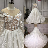 Long sleeves 3D lace flowers all pearls beaded ball gown wedding dresses 2020 - Anna's Couture Dresses