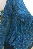 Long sleeves lace appliqués velvet peacock green prom dresses removable train skirt 2021