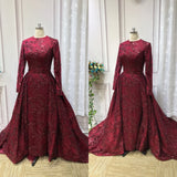 Long sleeves sequins lace mermaid with removable train emerald green maroon navy red prom dresses,hijab style prom dress #112215