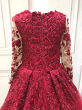 Luxurious burgundy red  scoop round neck long sleeves off shoulder ball skirt wedding prom dress #1122011