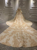 Unique off shoulder with puffy sleeves lace appliqués heavy beaded gold luxurious Long wedding gown