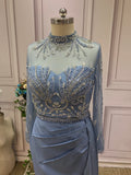 Chic handmade beaded dusty blue mermaid dress,mother of the bride dress with side tail #2022824