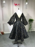 Chic black lace long sleeves puffy skirt tea length prom semi formal dress 2021
