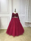 Long sleeves puffy skirt sparkly glitter burgundy red tulle little girl dress