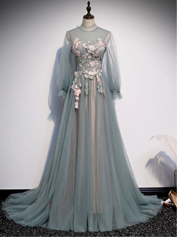 Fairytale long sleeves a line dusty sage green tulle prom maxi dress m –  Anna's Couture Dresses
