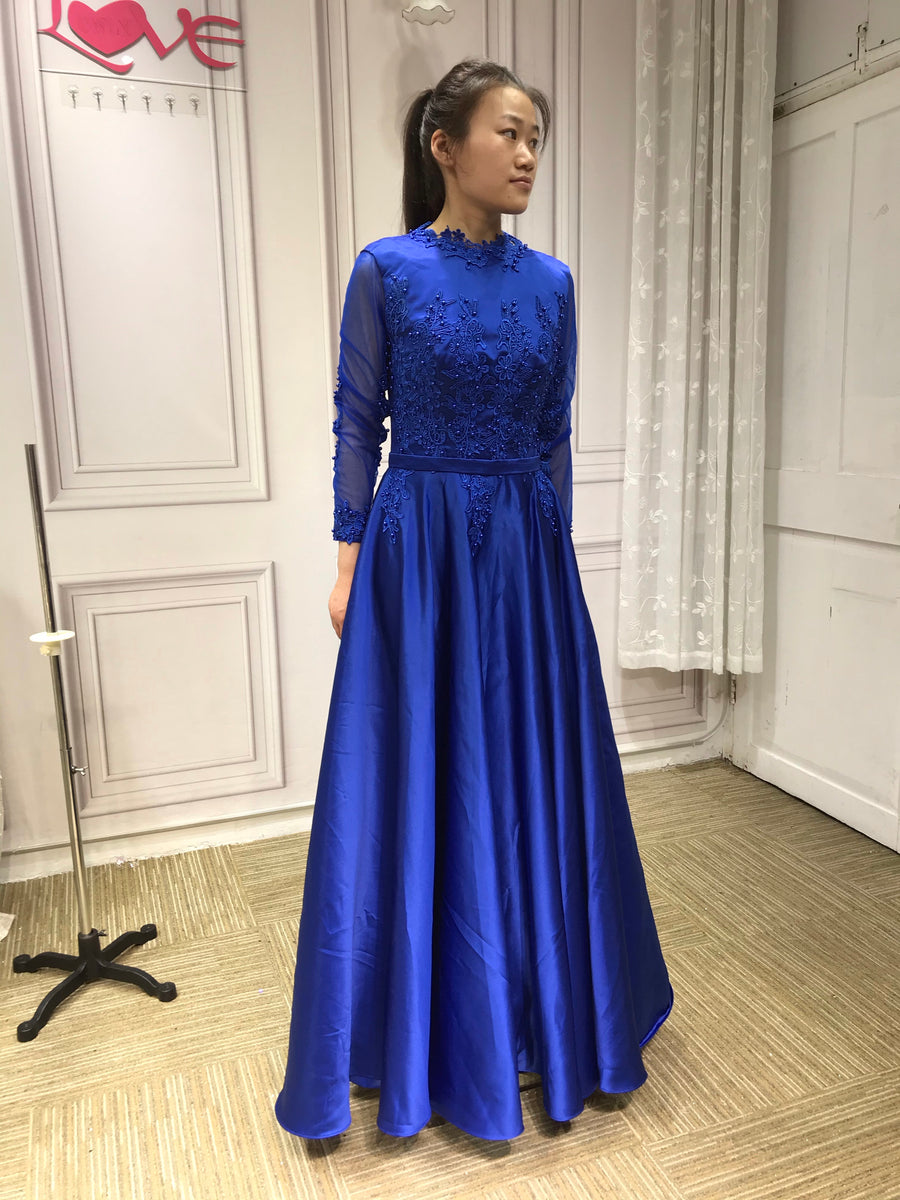 Long sleeves lace appliqus pearls beaded formal royal blue prom musli   Anna's Couture Dresses