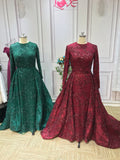 Long sleeves sequins lace mermaid with removable train emerald green maroon navy red prom dresses,hijab style prom dress #112215