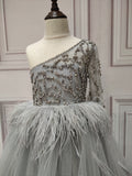 Rhinestones crystals beaded feather on the waistline little flower girl ball dress 2020