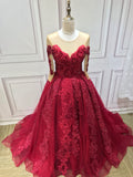 Luxurious burgundy red sweetheart long sleeves off shoulder ball skirt wedding prom dress #1122010