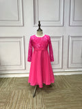 Long sleeves hot pink chiffon and lace little flower girl dress