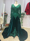 Long sleeves lace appliqués velvet emerald green prom dresses removable train skirt 2021