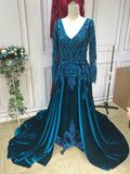 Long sleeves lace appliqués velvet peacock green prom dresses removable train skirt 2021