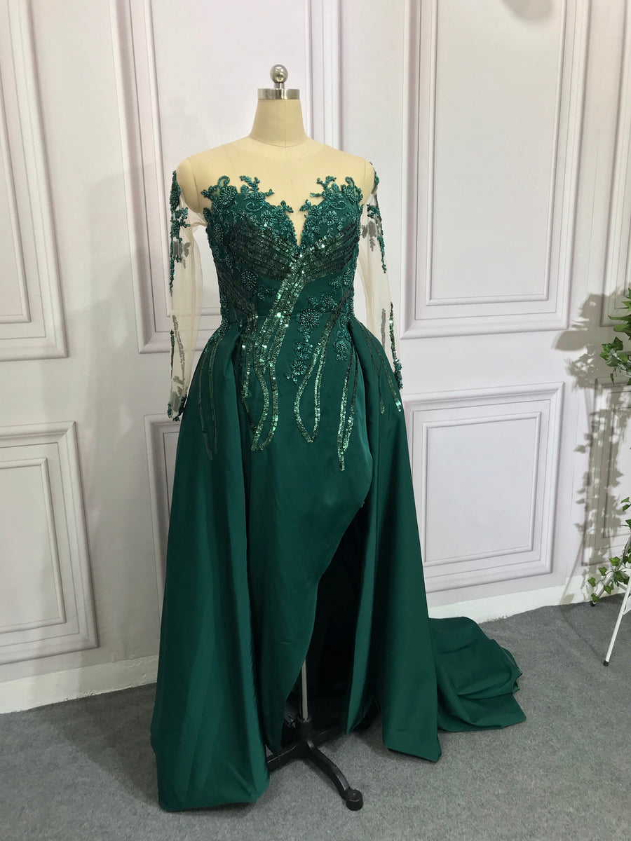 Emerald green crystals pearls beaded prom dress with long sleeves and train back 2020
