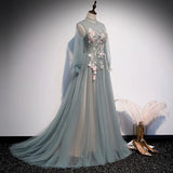 Fairytale long sleeves a line dusty sage green tulle prom maxi dress muslim fashion 2024