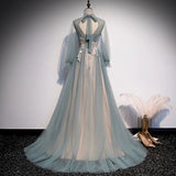 Fairytale long sleeves a line dusty sage green tulle prom maxi dress muslim fashion 2024