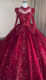 Luxury handmade crystals rhinestones pearls beaded long sleeve dark red lace appliqués vintage style wedding ball gown prom quinceanera dresses 2024