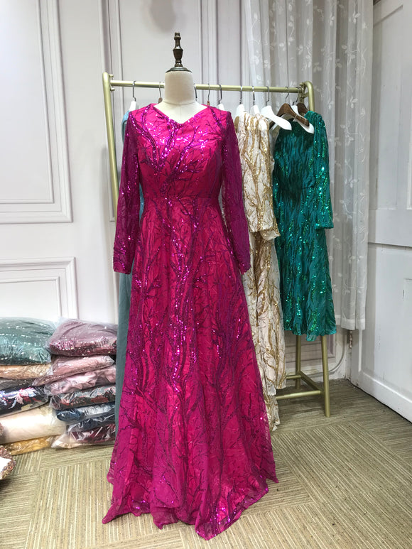 Hot pink sequins V neck long sleeves full length formal prom dresses for muslim 2024(in stock,US 8-12 size)
