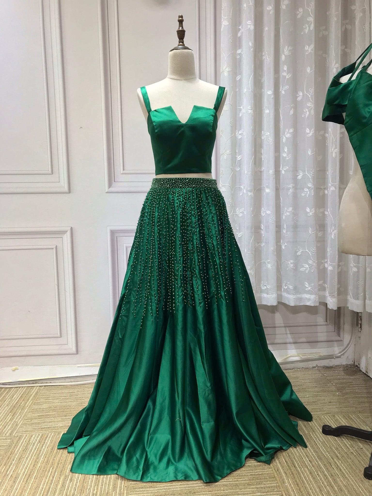 Vintage pearls beaded top and skirt separated two pieces emerald green Anna's Couture Dresses Vintage pearls beaded top and skirt separated two pieces emerald green Anna's Couture Dresses