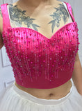 Pearls crystals rhinestones beaded hot pink crop bustier top