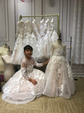 Blush sandy color fairytale 3D florals lace appliqués little baby toddlers flower girl dresses in long sleeves