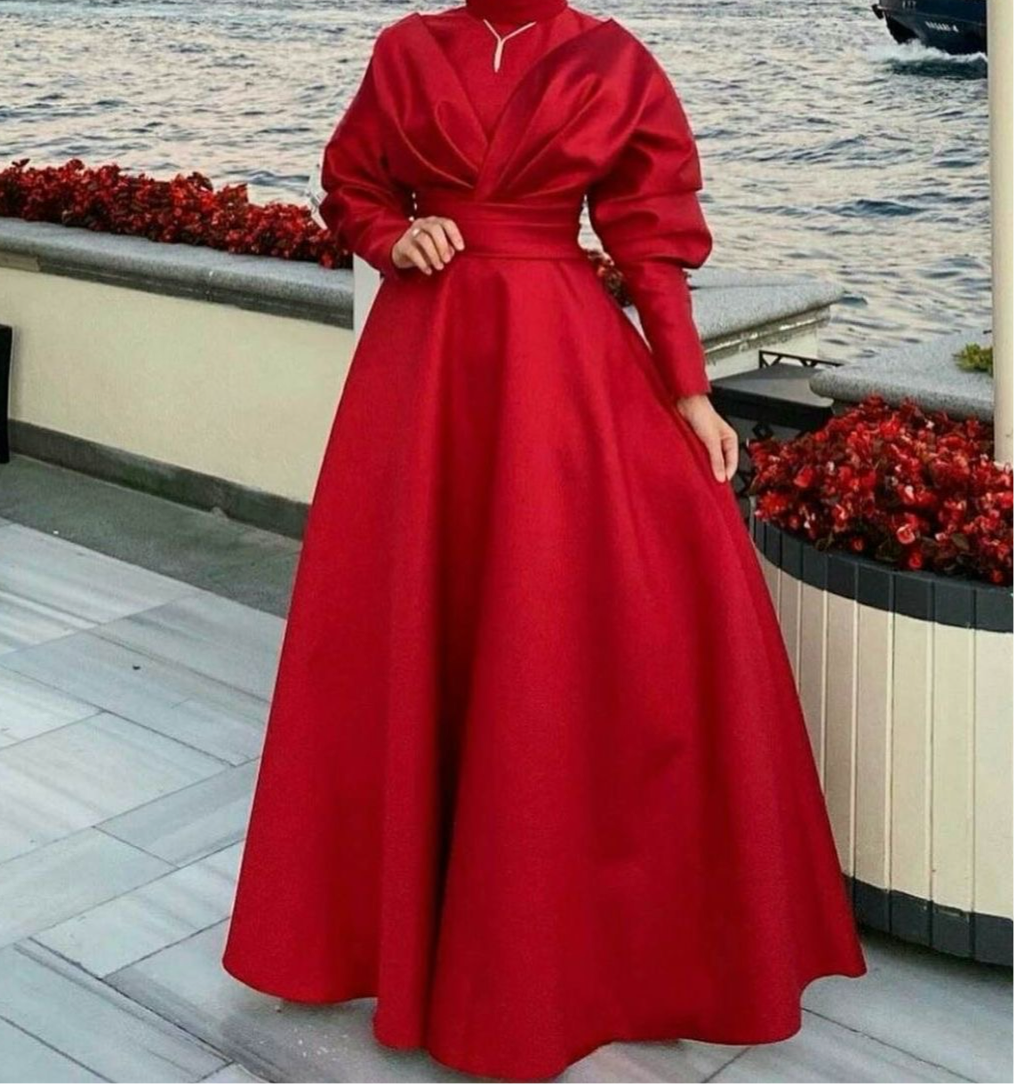 Matte satin tea length burgundy emerald green beige black navy long sl –  Anna's Couture Dresses