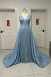 Classic custom made sky blue prom dress heavy beaded 2026 Spring
