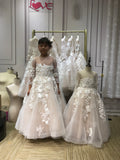 Blush sandy color fairytale 3D florals lace appliqués little baby toddlers flower girl dresses in long sleeves
