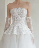 Vintage Lace appliqués bodice peplum jacket with crystals pearls beaded for bride, removable lace sleeves