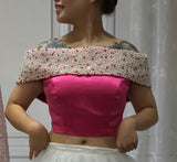 Off shoulder pearls crystals rhinestones beaded hot pink crop top