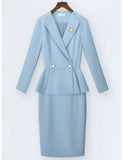 Sky Blue Tailored Suit Sets:blazer,skirt and pants