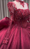 Luxury handmade crystals rhinestones pearls beaded long sleeve dark red wedding ball gown prom quinceanera dresses 2024