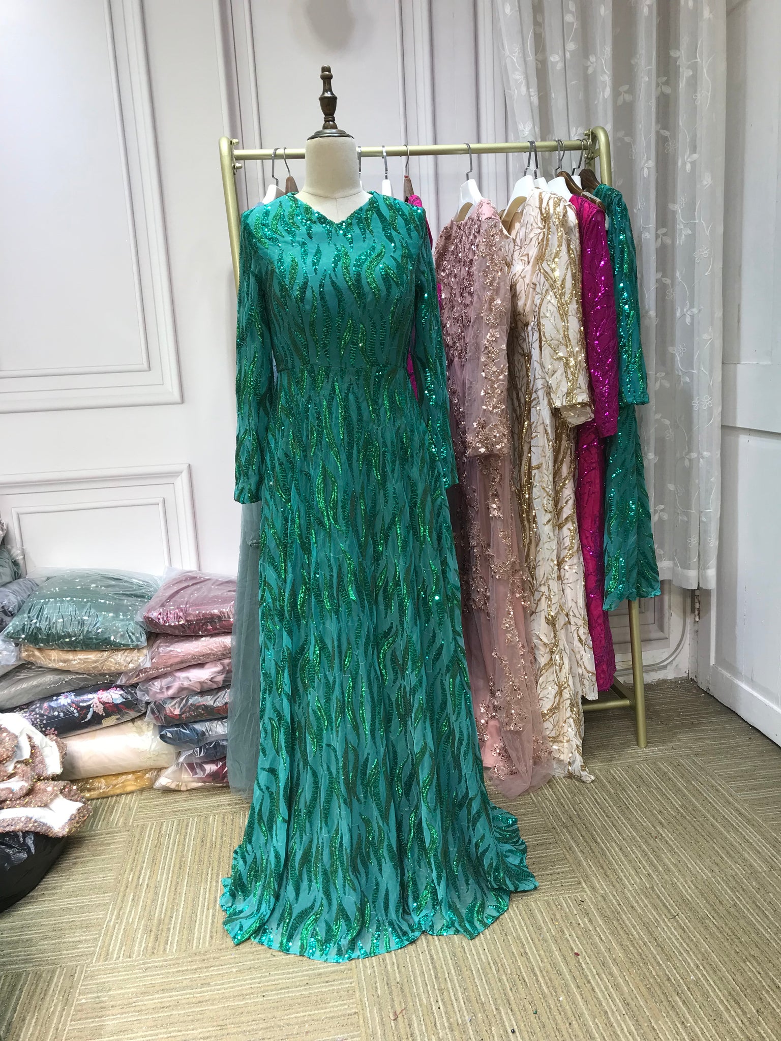 Emerald green sequins V neck long sleeves full length formal prom dres Anna's Couture Dresses Emerald green sequins V neck long sleeves full length formal prom dres Anna's Couture Dresses