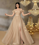 Customization simple and elegant off shoulder tulle prom dress with front side slit